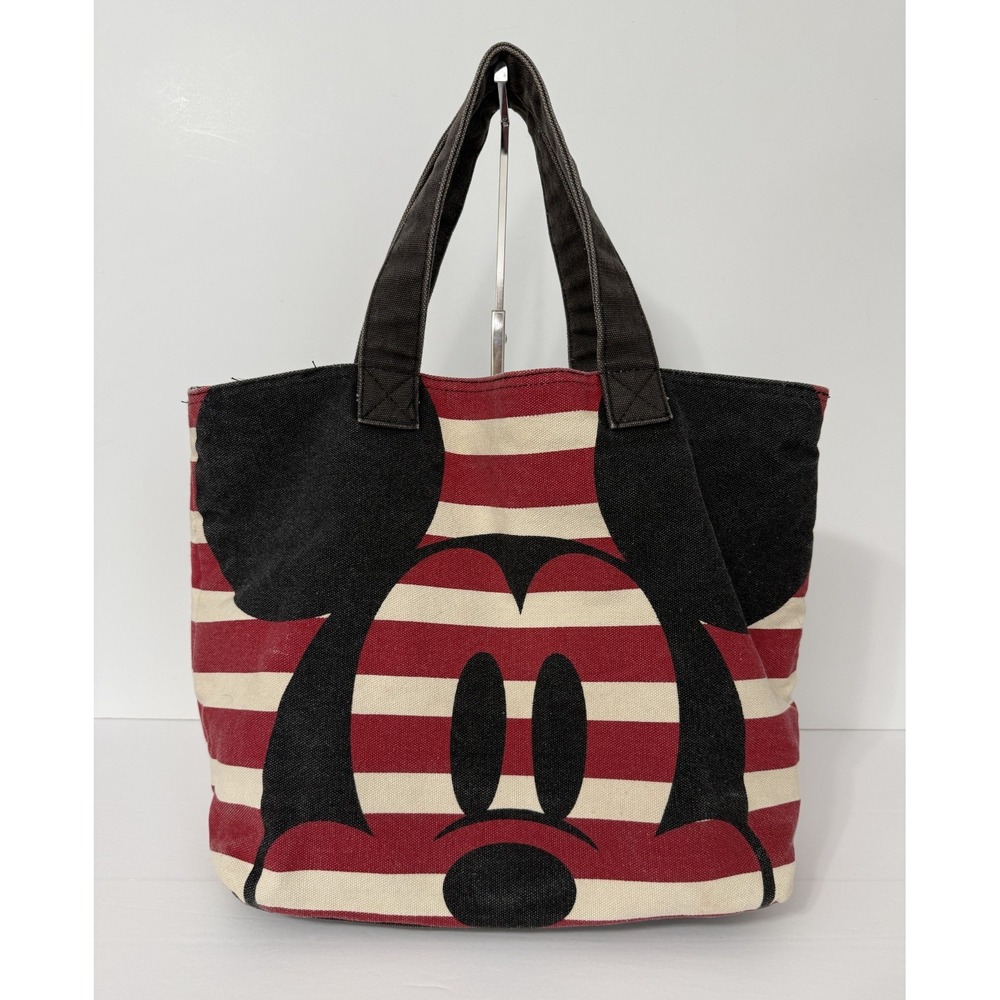 Disney Mickey Minnie Mouse Large Tote Bag Black White Red Canvas Striped
